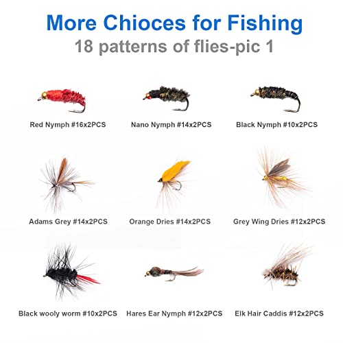 Fly Fishing Flies Kit - Assorted Dry, Wet, Nymphs & Streamers with Waterproof Box - Various