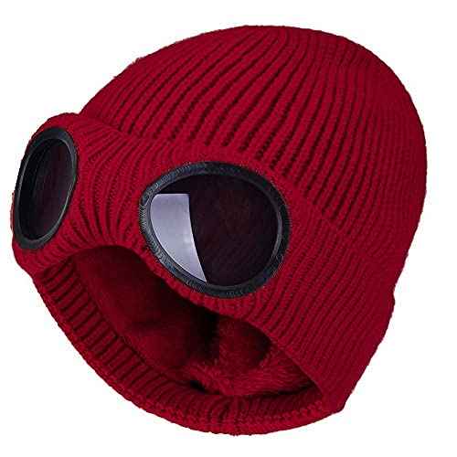 Unisex Knitted Goggles Beanie - Winter Stylish Skull Warm Cap, Outdoor Sports Fashion Fleece Lining Stretchy Hat