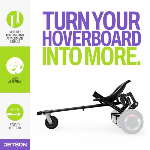 Jetson JetKart 2.0 Universal Hoverboard Attachment, 6" Tire, Bucket Seat, Adjustable Footrest Accommodates Most Heights, Ages 12+, Black, JKAR20-BK
