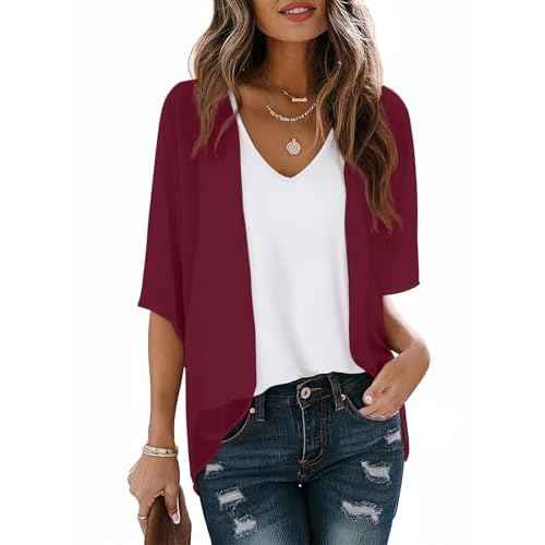 LILBETTER Women Lightweight Chiffon Cardigan Puff Sleeve Loose Beach Wear Cover Up Blouse Top