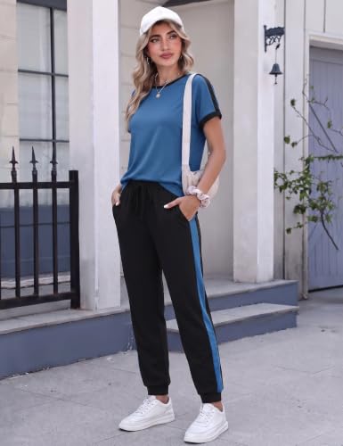 Marvmys Women's 2 Piece Summer Outfits - Large Dark Blue Color Block Tracksuit Set for Travel