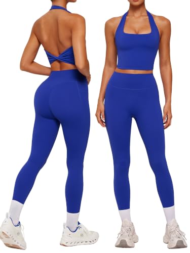 Women Halter Neck Workout Sets - Pilates Activewear Gym Set Medium Sapphire