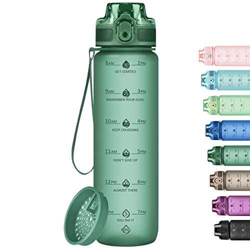 32oz Water Bottle with Time Marker & Strap - Green Motivational Drinkware