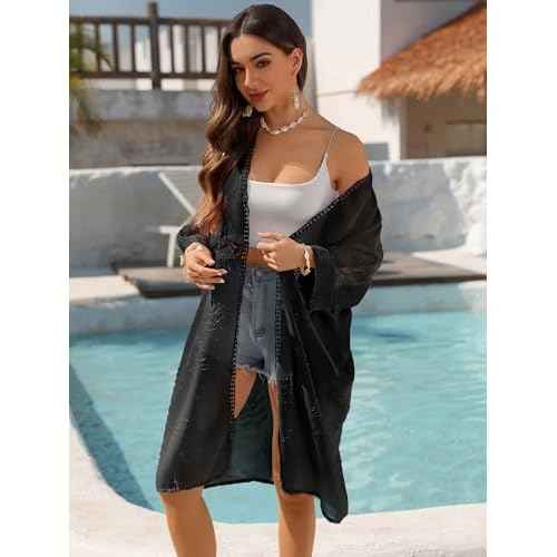 BB&KK Kimonos for Women Long Beach Cover Ups Summer Swimwear Sheer Boho Embroidery Open Front Floral Midi