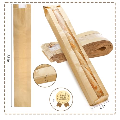 100 Pack Baguette Kraft Bags with Clear Window and Seal Stickers - 23x4x1.6 Inches