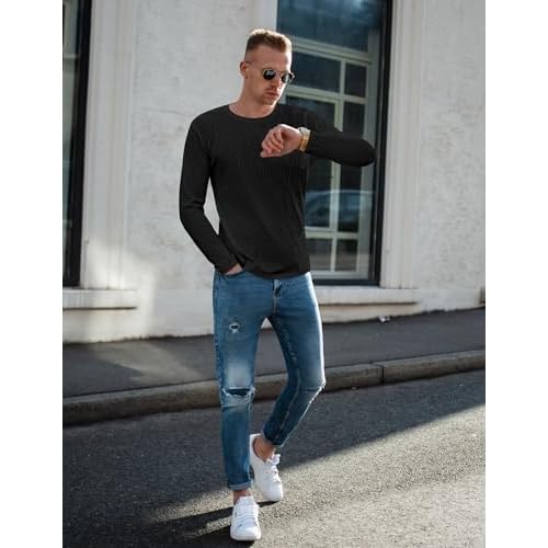 Ekouaer Men's Long Sleeve Shirts Ribbed Pullover Sweater Sim Fit Thermal Tops Crew Neck Stretchy Undershirts