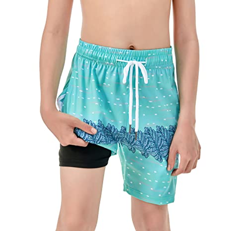 Boys Swim Trunks with Boxer Brief Liner - Blue Big Leaf, Quick Dry, 7-8 Years