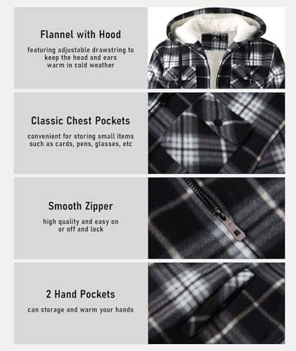 Men's X-Large Flannel Shirt Jacket with Sherpa Lining Black Hoodie
