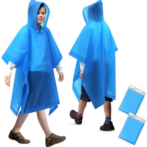 Kids Waterproof Reusable Rain Poncho Set - Blue 2 Pack - Hooded Outerwear for Boys & Girls
