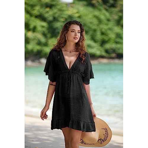 AI'MAGE Swimsuit Cover Ups Women's Bathing Suit V Neck Ruffle Sleeve Soft Coverups Dress