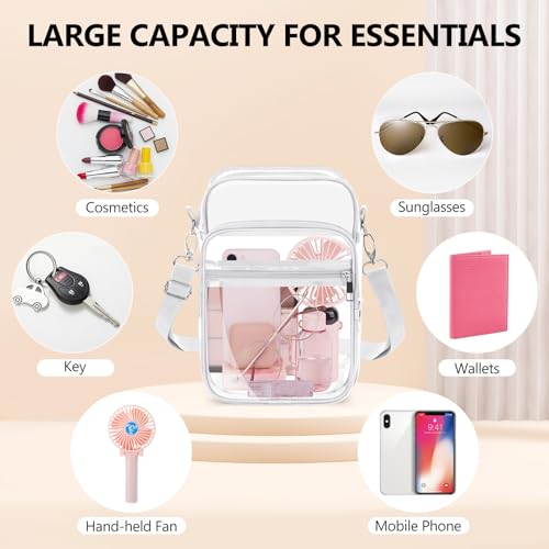 Large Clear Crossbody Bag with Adjustable Strap - White, Stadium Approved