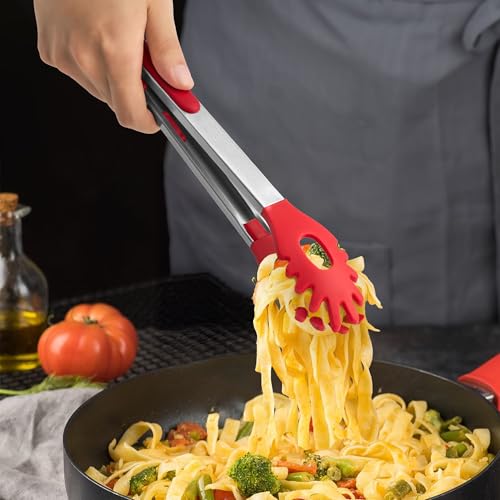 Heat-Resistant Pasta Tongs Set 9 & 12 Inches with Silicone Heads - Red