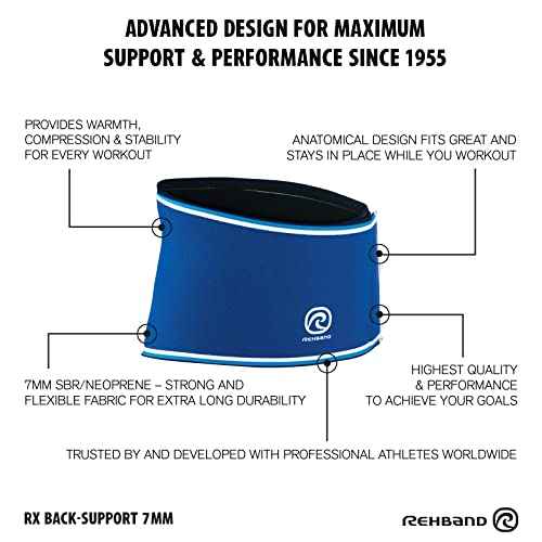 Rehband Rx Original Back Support, Back Compression 7mm Neoprene, Strong Support and high Stability for Lower Back, Weightlifting Fitness Support, Colour:Blue, Size:XX-Large