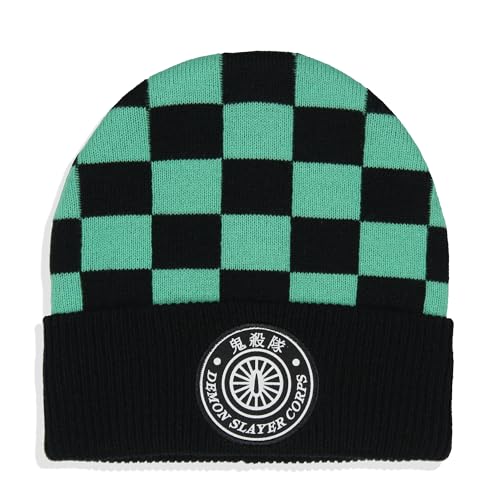 Demon Slayer Adult Tanjiro Embroidered Patch Knit Cuff Beanie Cap Hat for Men and Women Multicolored