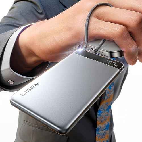 LISEN 0.5" Ultra Slim Premium Travel Power Bank [10,000mAh 22.5W] CCC Certified Power Bank Airplane Gadgets, International Travel Essentials for Flying, Portable Charger with Built in USB C Cable