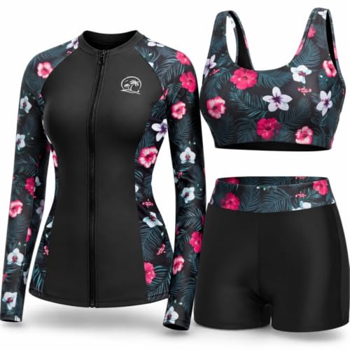 Women's 3 Piece Rash Guard Set Large Black Floral Swimwear