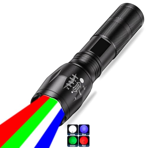 Powerful Red Flashlight, 4 Color in 1 LED White Red Blue and Green Lights, 4 Modes, Zoomable, Rechargeable, 2000 Lumen, Compact, Black, Aluminum, Water Resistant