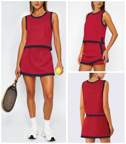 Women's Tennis Skirt Set - 2 Piece Athletic Outfit with Shorts, Medium, Wine Red & Navy Blue