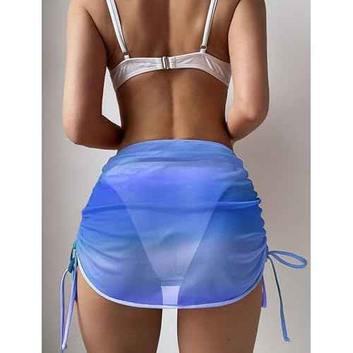 ZAFUL Women's Beach Cover Up Skirt Mesh Sheer Ruched Drawstring Short Swim Skirt Cover Ups for Swimwear