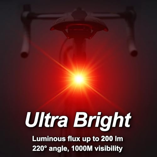 Cruxer Ultra Bright Bike Tail Light 200 Lumen Compact Bicycle Rear Light, USB-C Rechargeable, Smart Brake Sensing up to 300 Lumen, 8 Light Intensity Levels, 4 Lighting Modes, IP66 Waterproof