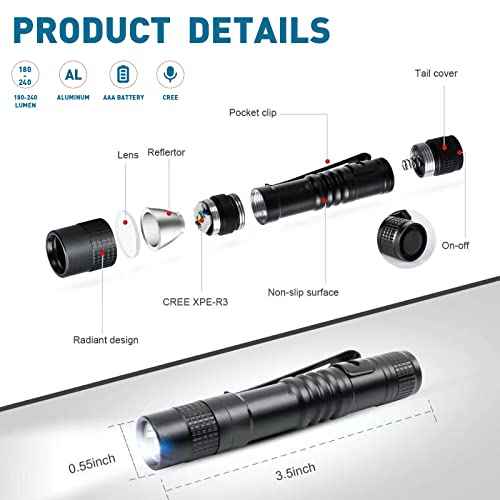 Mini Led Flashlights High Lumens Outdoor Small Tactical Flashlight Glow in The Dark 3.55 Inch Handheld Pen Light Clip for Camping Emergency Inspection Repair Battery Powered