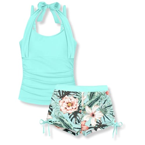 Girls 7-16 Years Slim Fit Two-Piece Halterneck Swimsuit with Printed Shorts - Cyan / 13-14 Years