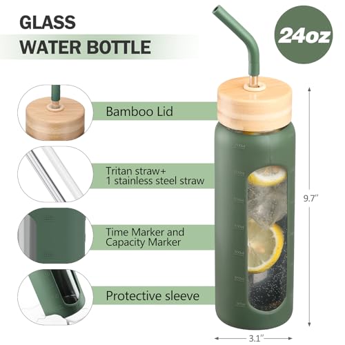 Dark Olive 24oz Glass Water Bottle with Dual Lids, Straw & Handle