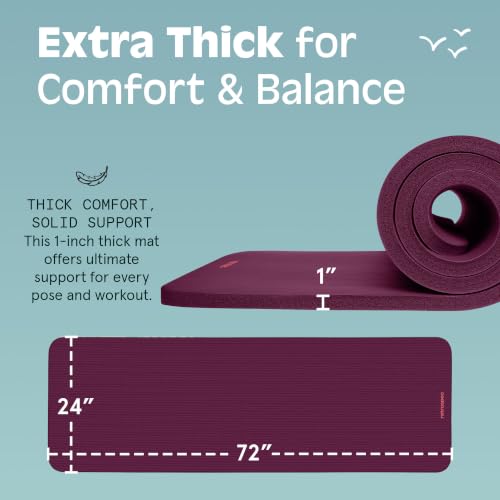 Extra Thick Yoga Mat 1 Inch with Strap - Boysenberry, Non-Slip, 72x24 Inches