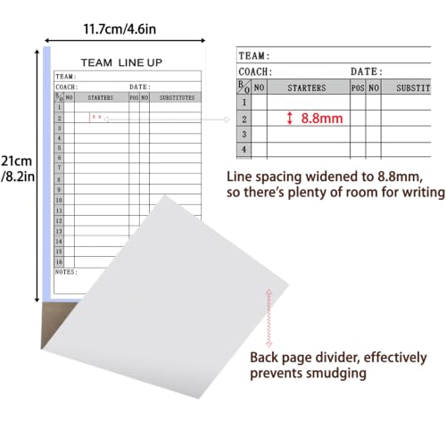 VOKTXLG Baseball Lineup Cards 30 Sets for Softball & Baseball, 4-Part Carbonless, 16 Player Roster, Tearable, Compact Game Record Book