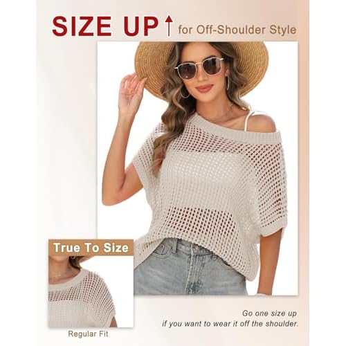 Swimsuit Coverup for Women Beach Vacation Clothes Spring Summer Scoop Neck Short Sleeve Sweaters Casual Crochet Knit Tops