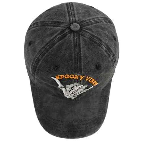 Funny Halloween Spooky Vibes Hats, Adjustable Embroidery Cotton Skeleton Hand Vintage Baseball Cap for Men Women