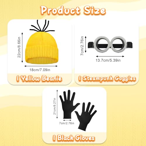 3 PCS Halloween Costumes for Men Women Adults, Yellow Beanie, Steampunk Goggles, Black Gloves, Halloween Party