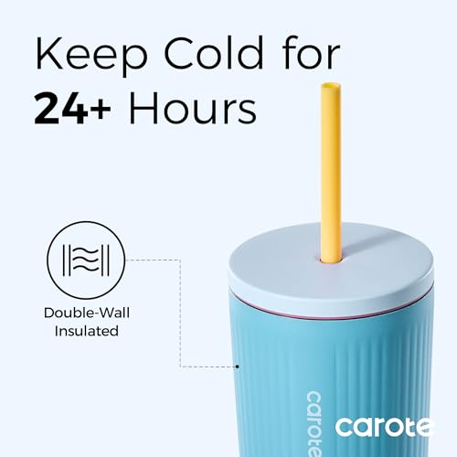 CAROTE 19 oz One-Click Open Insulated Water Bottle & 21 oz Tumblers with Lid and Straw, Double-Wall Insulated Stainless Steel, Leakproof Lid with Handle, Essential for Travel, Sports(Vibrant Blue)