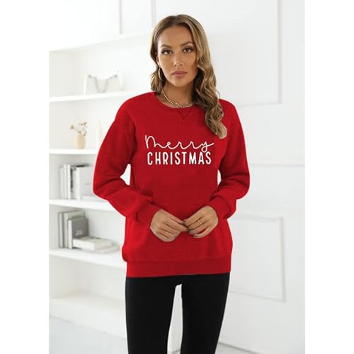 Christmas Sweatshirts For Women Xmas Sweater Merry Christmas Letter Printed Sweatshirt Holiday Long Sleeve Tops