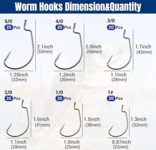 120Pcs Bass Fishing Worm Hooks Set - Offset Wide Gap High Carbon Steel