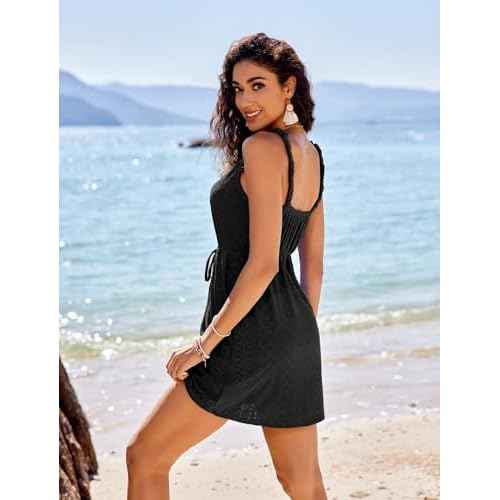 AI'MAGE Swimsuit Cover Up for Women Crochet Hollow Out Bathing Suit Coverups Sleeveless Beach Dress with Pockets S-XXL