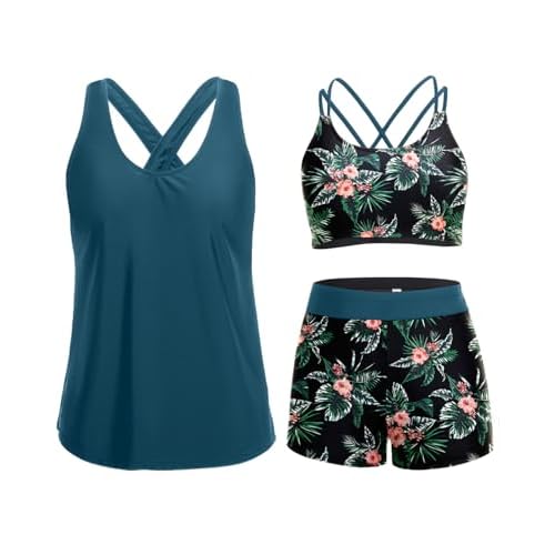 Holipick 3 Piece Tankini Swimsuits for Women Tummy Control Bathing Suits Swim Tank Top with Bra Boy Shorts Teen Swimwear