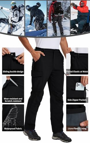 Men's Snow Pants Ski Softshell Warm Outdoor Fleece Lined Insulated Waterproof Winter Work Travel Hiking Pants - Black, Small