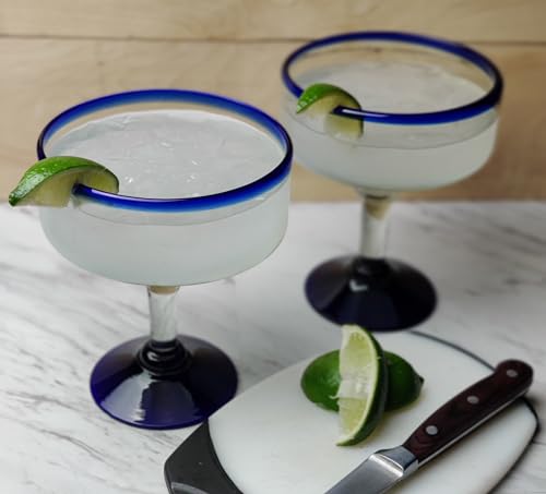 Mexican Hand Blown Margarita Glasses Set of 4 - 16 oz Traditional Blue Rim