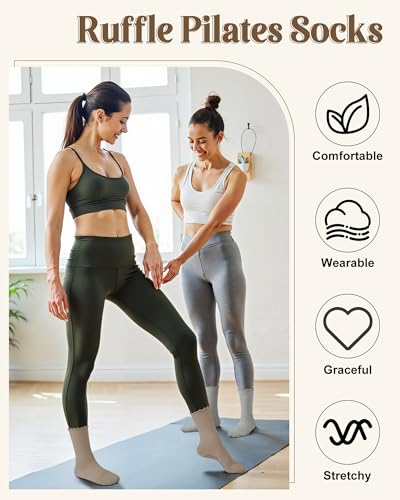 Pilates Socks with Grips for Women - Non Slip Yoga Socks with Ruffle, Beige Brown Grey White - Ludaro