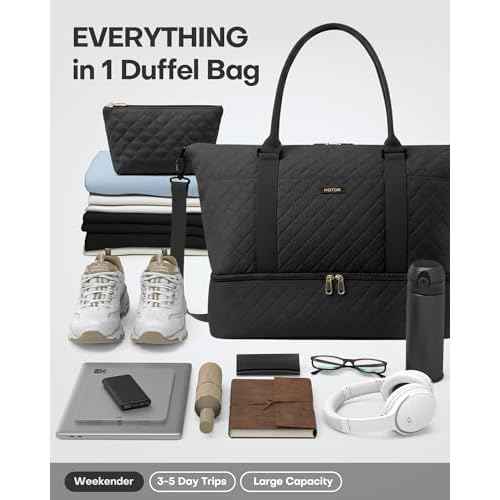 HOTOR Travel Duffel Bag - Weekender Bags for Women, Carry On Overnight Bag with Shoe Compartment, with Toiletry Bag for Travel Essentials and Travel Accessories, Black, 13.4"¡¿17.3"¡¿7.9"