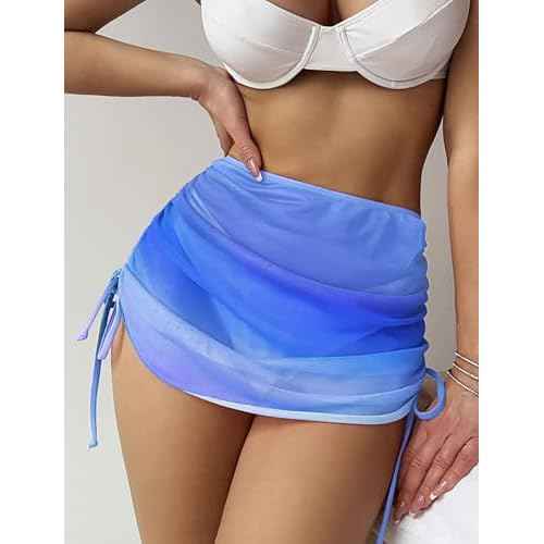 ZAFUL Women's Beach Cover Up Skirt Mesh Sheer Ruched Drawstring Short Swim Skirt Cover Ups for Swimwear