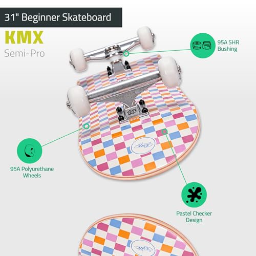 Pastel Checker Pink Complete Beginner Skateboard 31" with Skate Tool