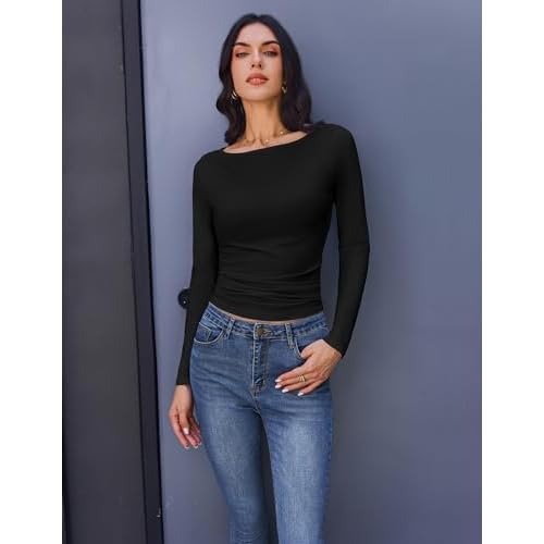 Ekouaer Long Sleeve Shirts Boat Neck Tops Casual Undershirts