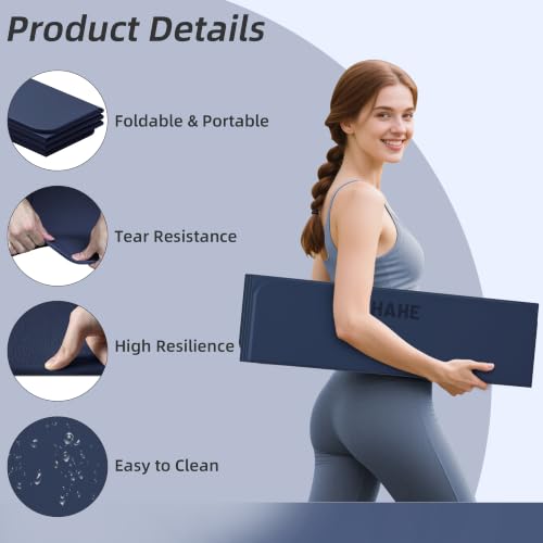 Foldable Yoga Mat 74" x 32" x 0.3" with Dual-Sided Non-Slip Surface - Navy Blue