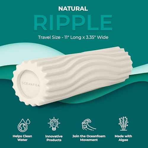 Oceanfoam Ripple Travel Foam Roller (11" x 3.35") Firm Mini Foam Roller for Physical Therapy, Deep Tissue Massage, Back Pain - High Density, Ergonomic Wave Textured - Yoga, Pilates, Exercise (Natural)