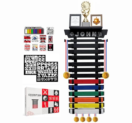 12 Belt Karate Belt Display Rack with Trophy Mount - Bamboo Martial Arts Organizer - Variation of THIS listing