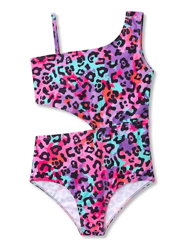 Dvenki Big Girls Asymmetric Cutout Swimsuit with Adjustable Straps Neon Leopard 8