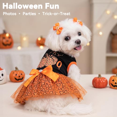 Dog Halloween Dress Pumpkin Print Tulle Outfit XX-Large with Hair Bow - Cyeollo