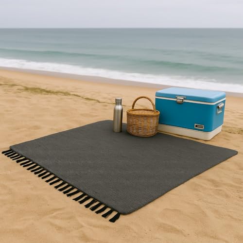 Charcoal Mexican Yoga Blanket - Large Handwoven Cotton Blend Throw for Yoga, Beach, Camping, Home